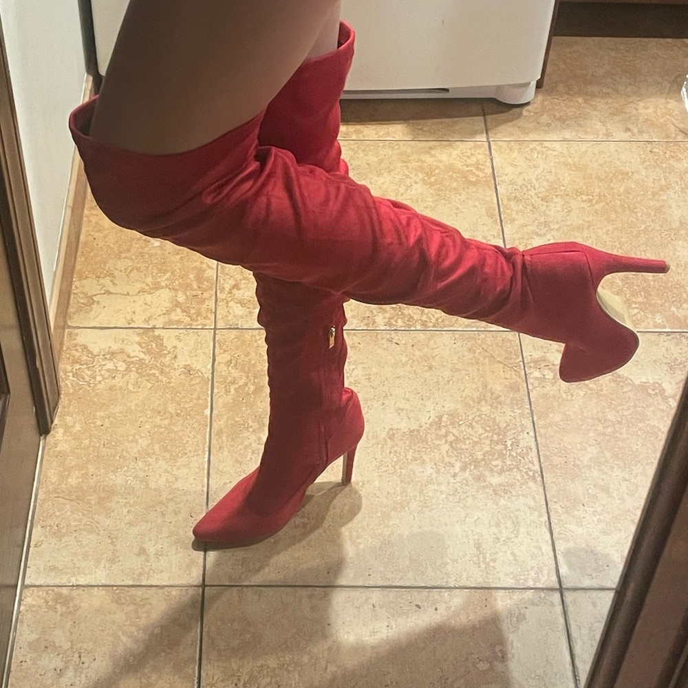 Red suede knee high heel boots